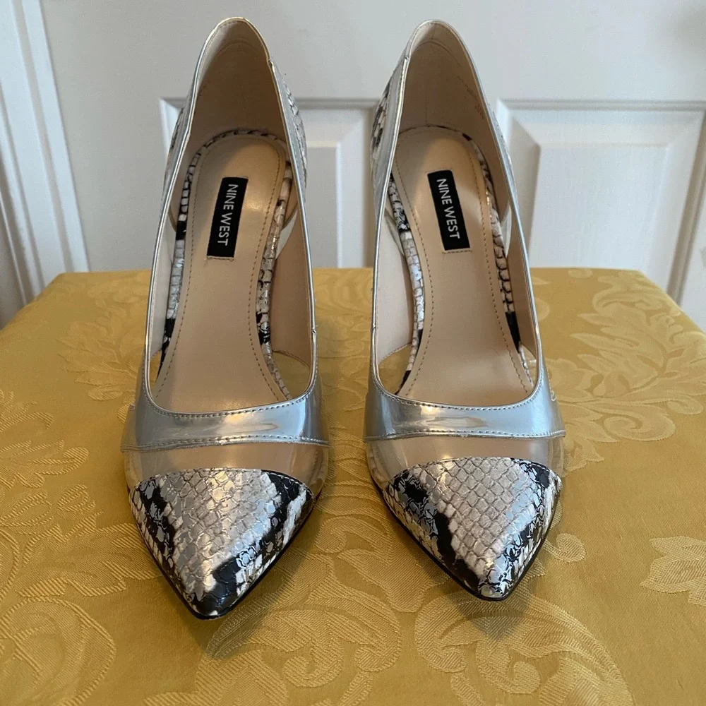 Nine West Silver and Black Snake-Print Pointed Stiletto Pumps